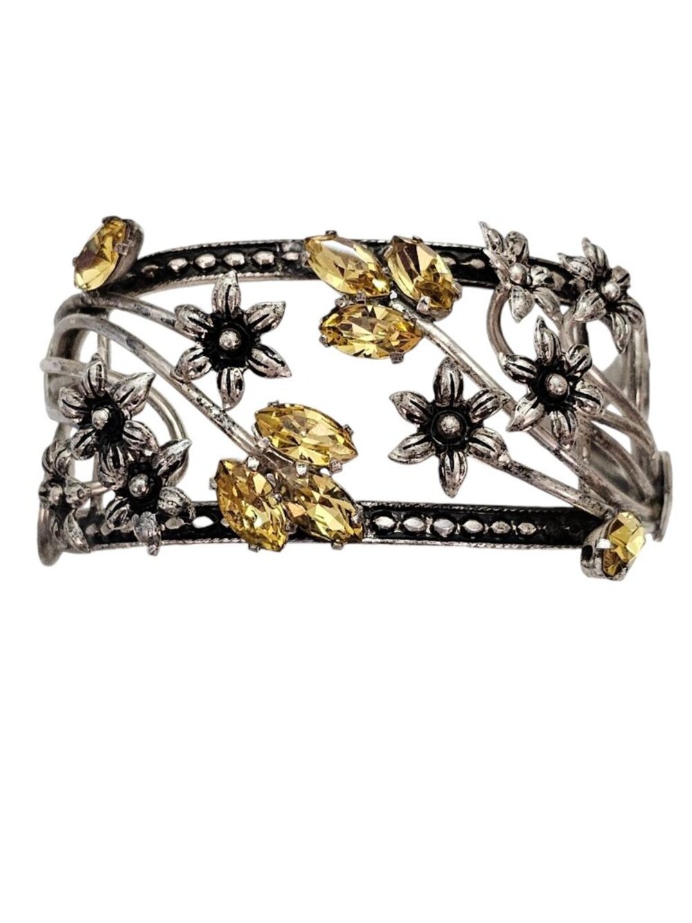 Sterling Silver Jonquil Yellow Rhinestone Stemmed Flowers Cuff Bracelet, L482